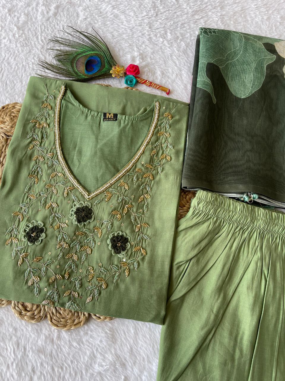 Ravishing Pista Green Roman Silk Handworked Kurta Pant Dupatta Set - Ethnicwish