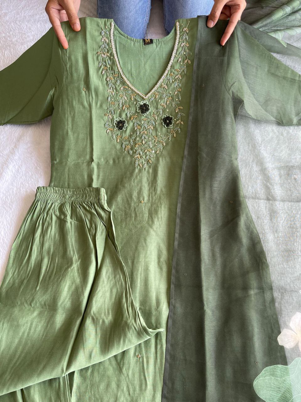 Ravishing Pista Green Roman Silk Handworked Kurta Pant Dupatta Set - Ethnicwish