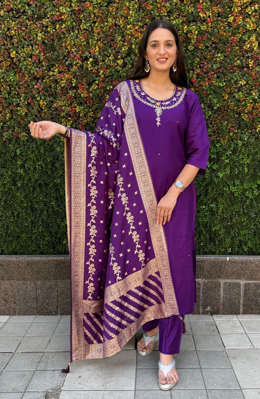 Radiant Purple Roman Silk Handworked Kurta Pant Dupatta Set - Ethnicwish