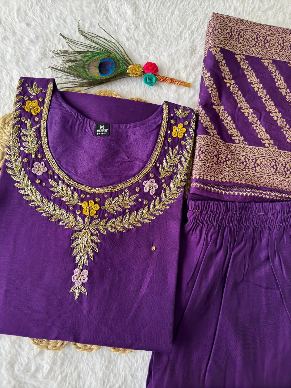 Radiant Purple Roman Silk Handworked Kurta Pant Dupatta Set - Ethnicwish