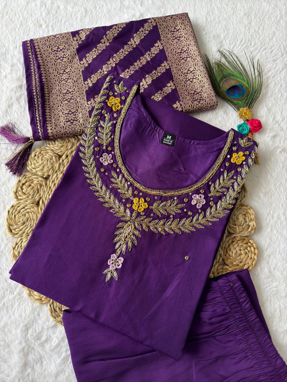 Radiant Purple Roman Silk Handworked Kurta Pant Dupatta Set - Ethnicwish