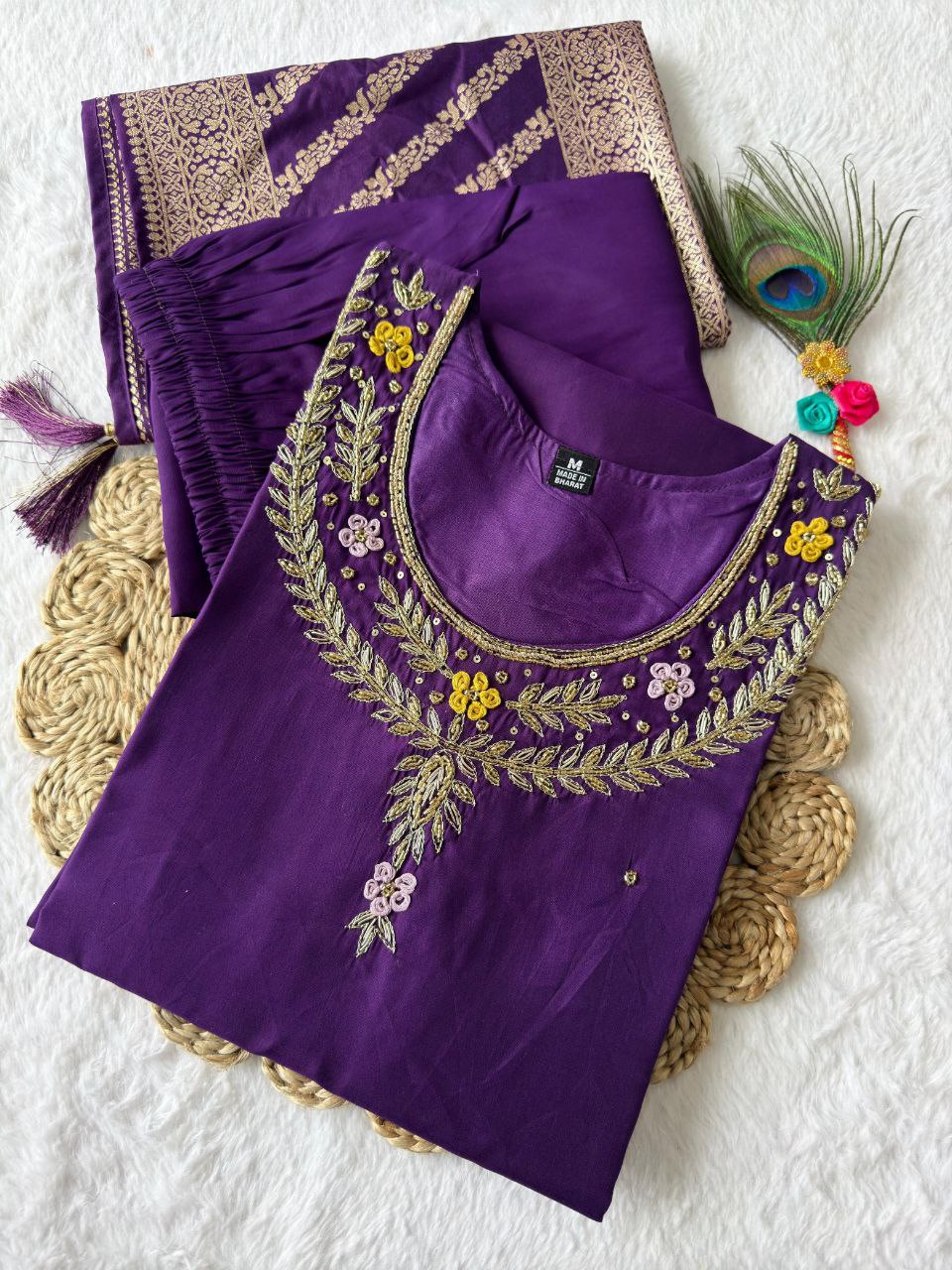 Radiant Purple Roman Silk Handworked Kurta Pant Dupatta Set - Ethnicwish