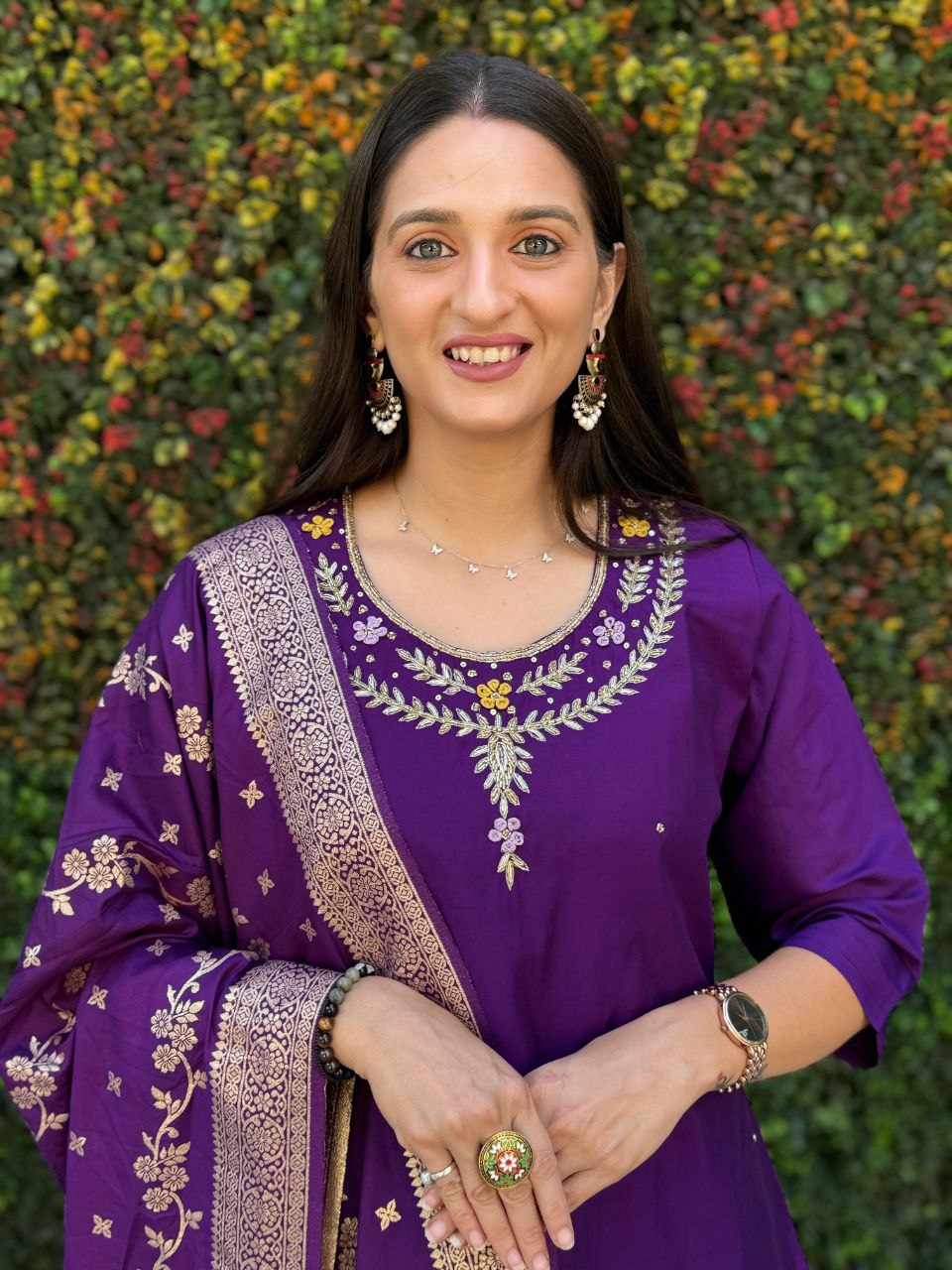 Radiant Purple Roman Silk Handworked Kurta Pant Dupatta Set - Ethnicwish