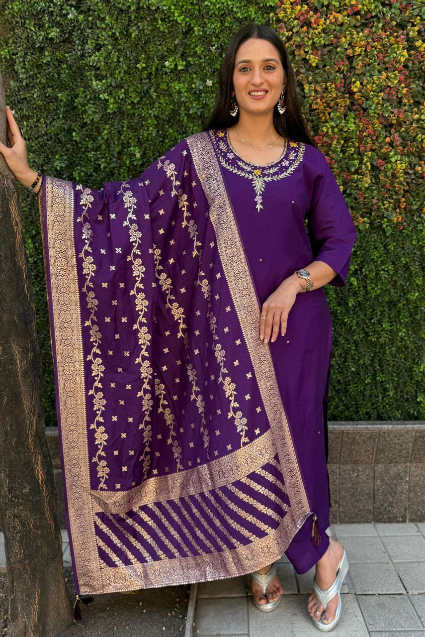 Radiant Purple Roman Silk Handworked Kurta Pant Dupatta Set - Ethnicwish