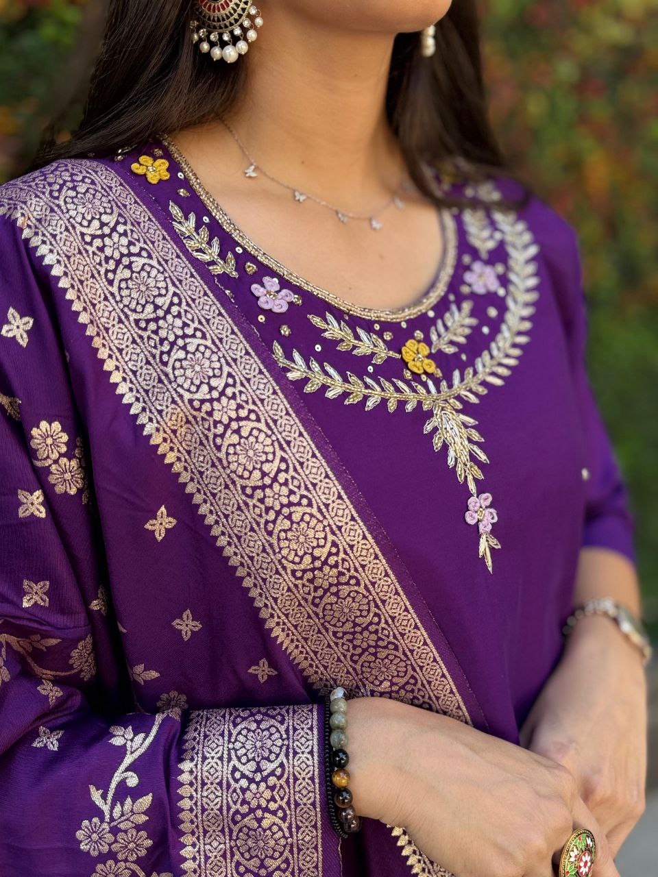 Radiant Purple Roman Silk Handworked Kurta Pant Dupatta Set - Ethnicwish