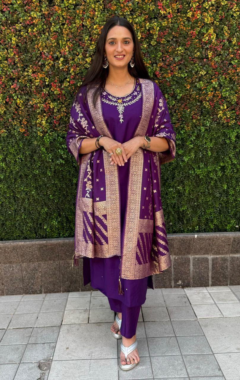 Radiant Purple Roman Silk Handworked Kurta Pant Dupatta Set - Ethnicwish