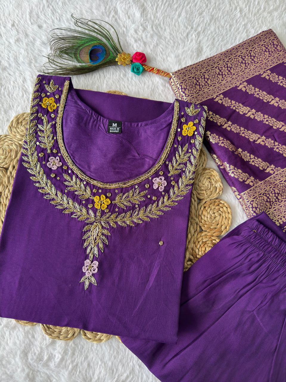 Radiant Purple Roman Silk Handworked Kurta Pant Dupatta Set - Ethnicwish