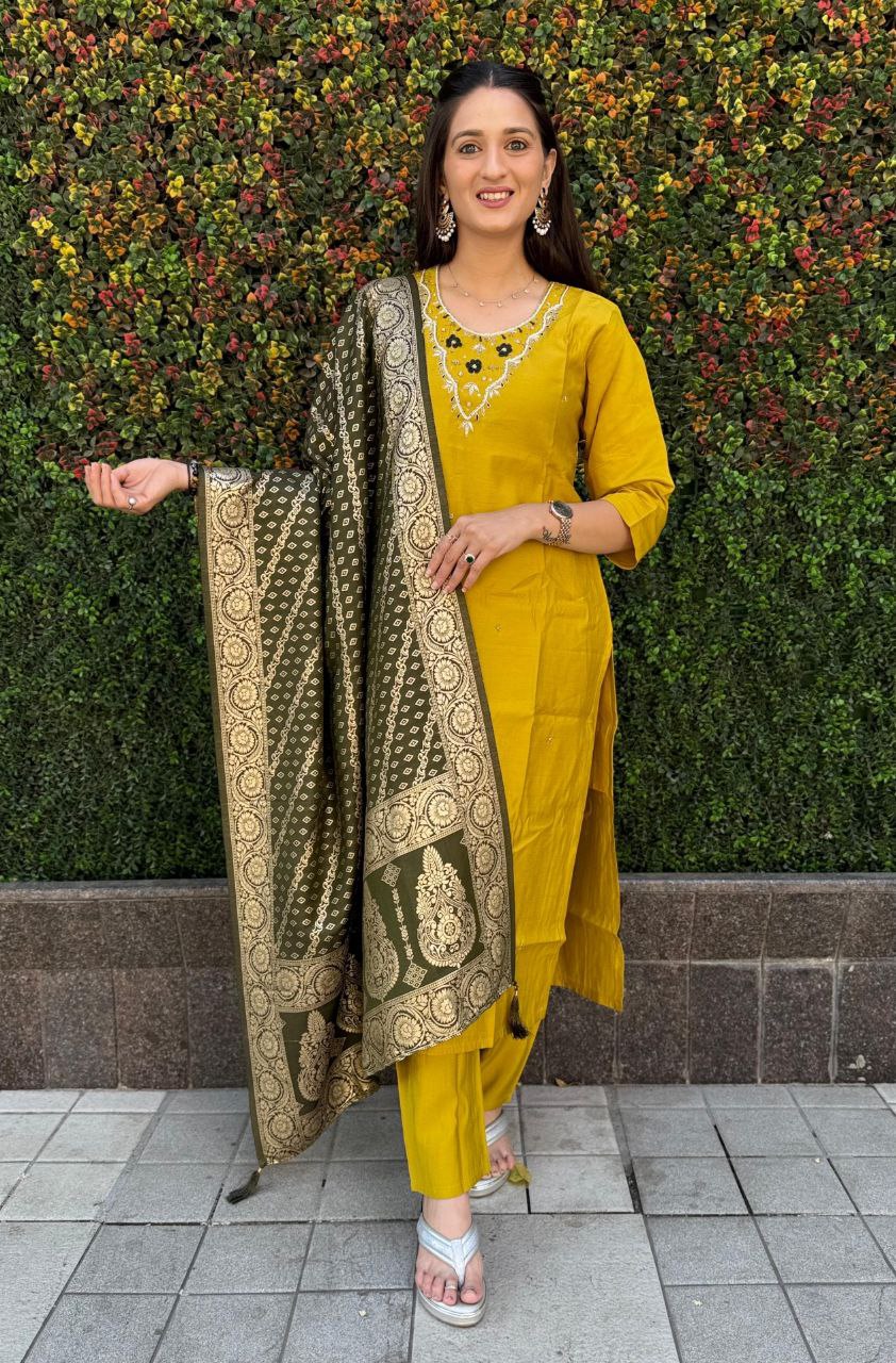 Ravishing Yellow Roman Silk Handworked Kurta Pant Dupatta Set - Ethnicwish