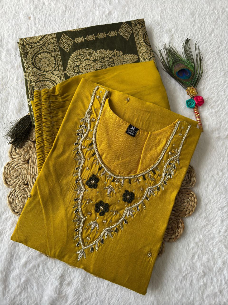 Ravishing Yellow Roman Silk Handworked Kurta Pant Dupatta Set - Ethnicwish
