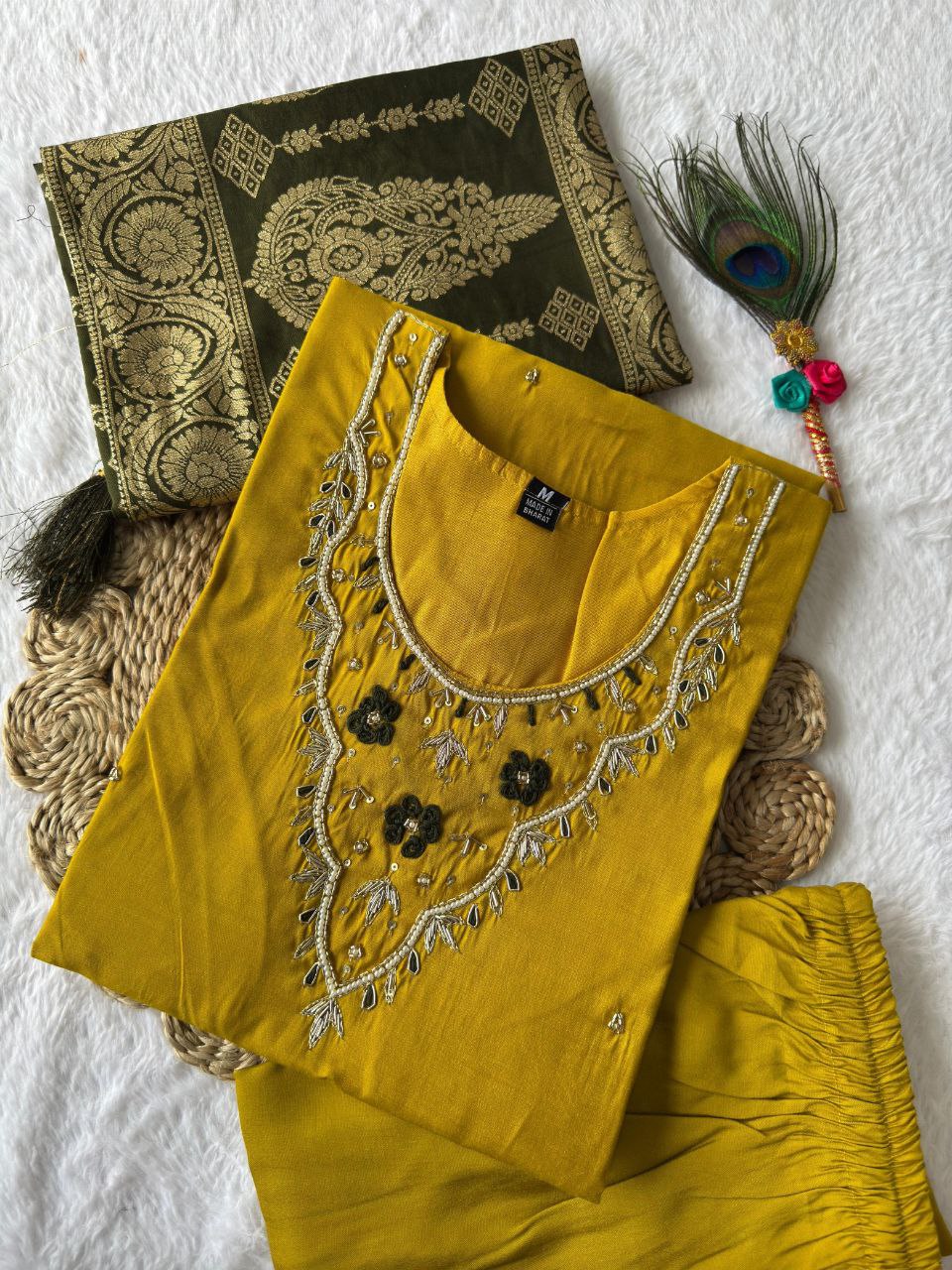 Ravishing Yellow Roman Silk Handworked Kurta Pant Dupatta Set - Ethnicwish