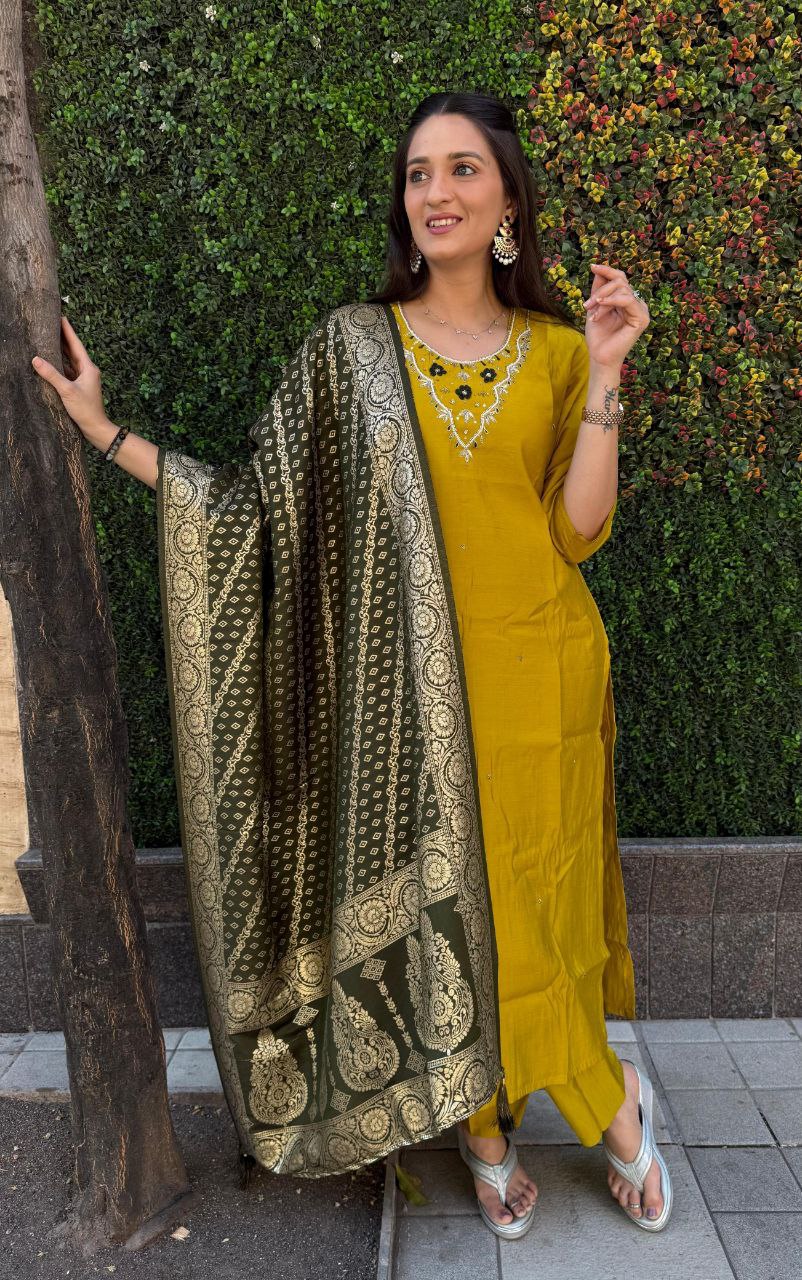Ravishing Yellow Roman Silk Handworked Kurta Pant Dupatta Set - Ethnicwish