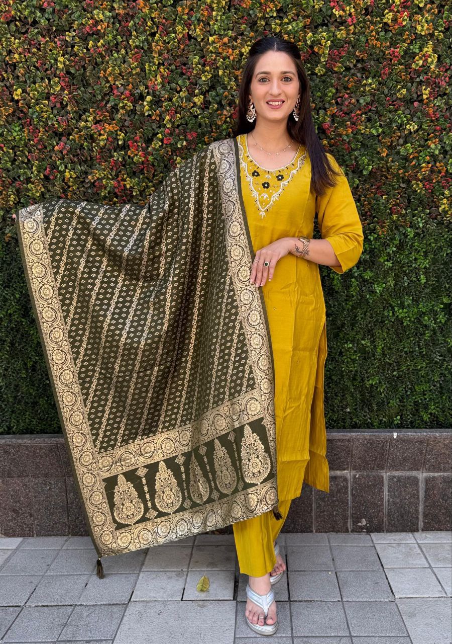 Ravishing Yellow Roman Silk Handworked Kurta Pant Dupatta Set - Ethnicwish