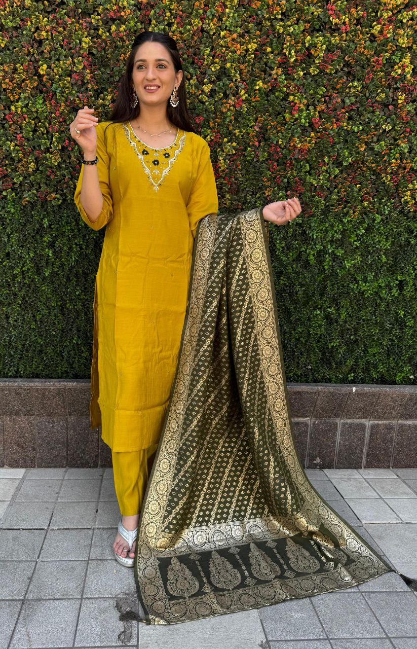 Ravishing Yellow Roman Silk Handworked Kurta Pant Dupatta Set - Ethnicwish