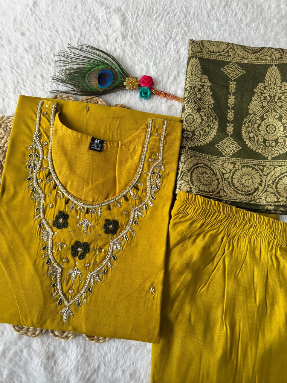 Ravishing Yellow Roman Silk Handworked Kurta Pant Dupatta Set - Ethnicwish