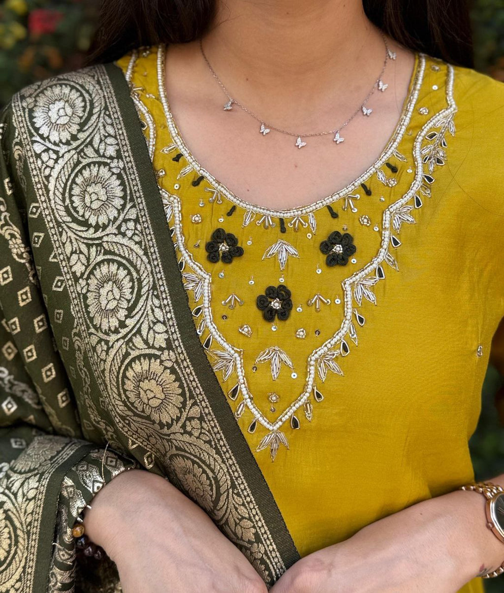 Ravishing Yellow Roman Silk Handworked Kurta Pant Dupatta Set - Ethnicwish