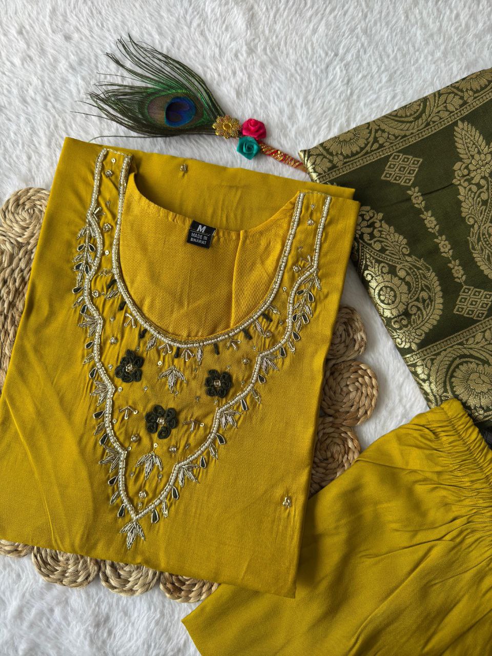 Ravishing Yellow Roman Silk Handworked Kurta Pant Dupatta Set - Ethnicwish