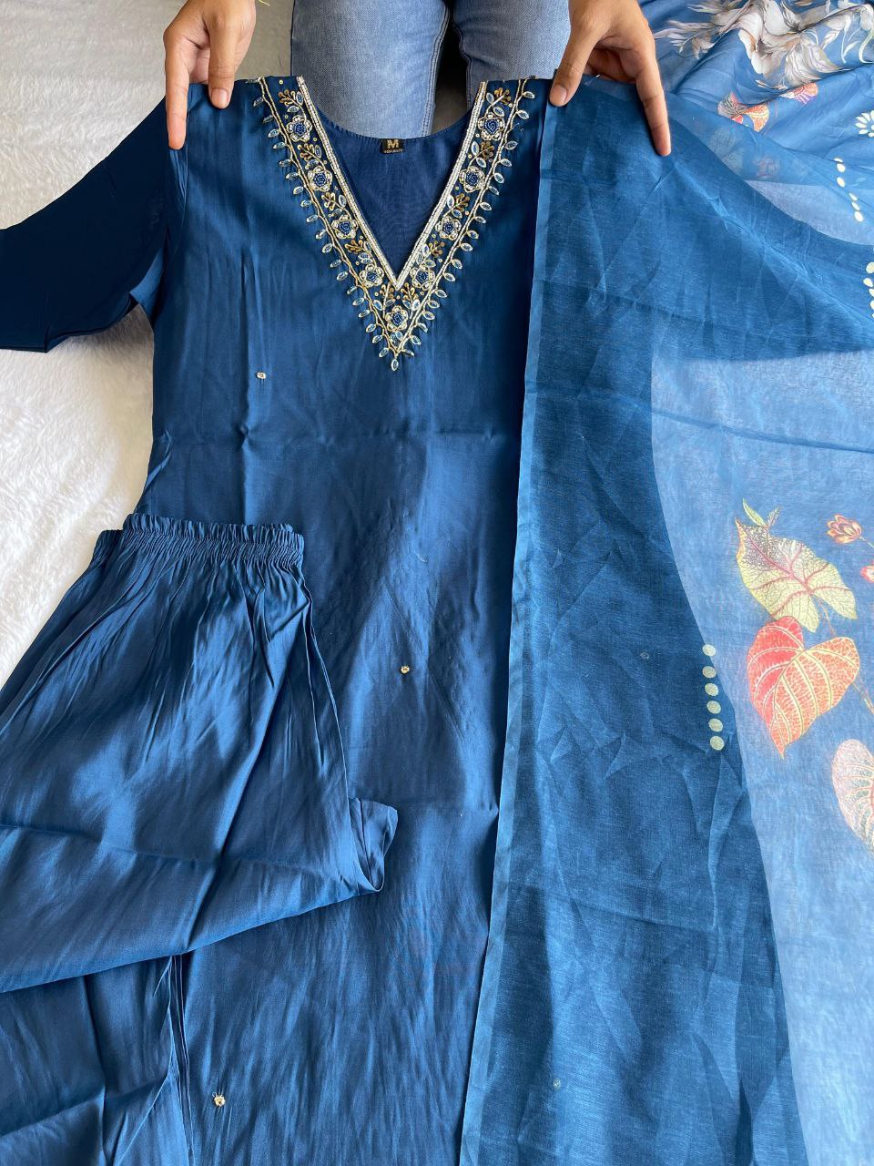 Spectacular Indigo Blue Roman Silk Handworked Kurta Pant Dupatta Set - Ethnicwish