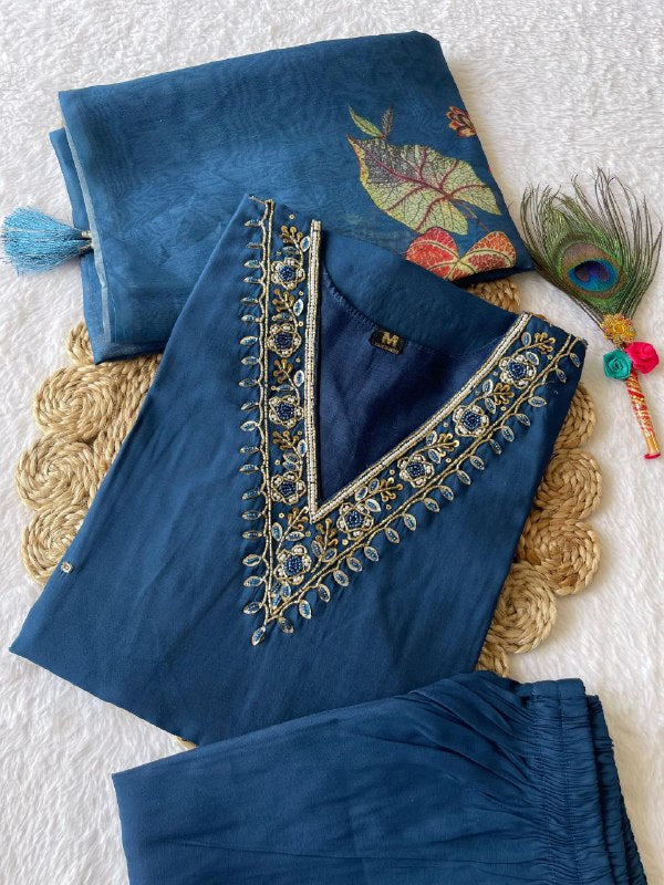 Spectacular Indigo Blue Roman Silk Handworked Kurta Pant Dupatta Set - Ethnicwish