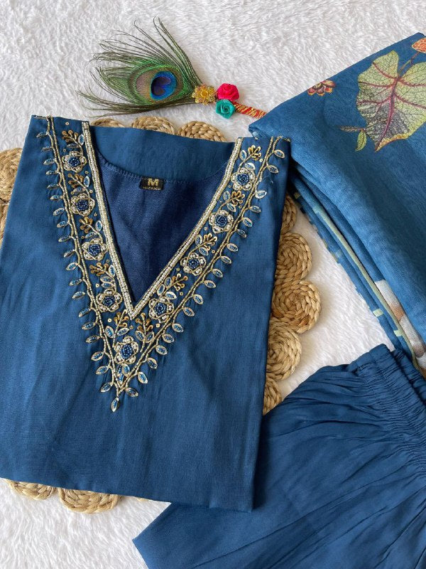 Spectacular Indigo Blue Roman Silk Handworked Kurta Pant Dupatta Set - Ethnicwish