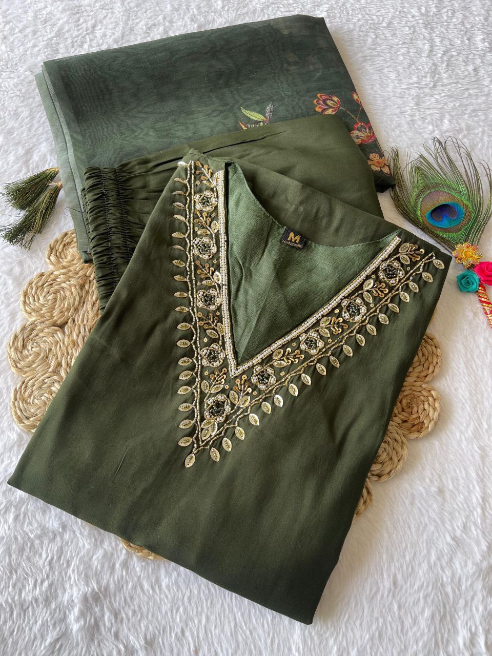 Luminous Mehendi Roman Silk Handworked Kurta Pant Dupatta Set - Ethnicwish