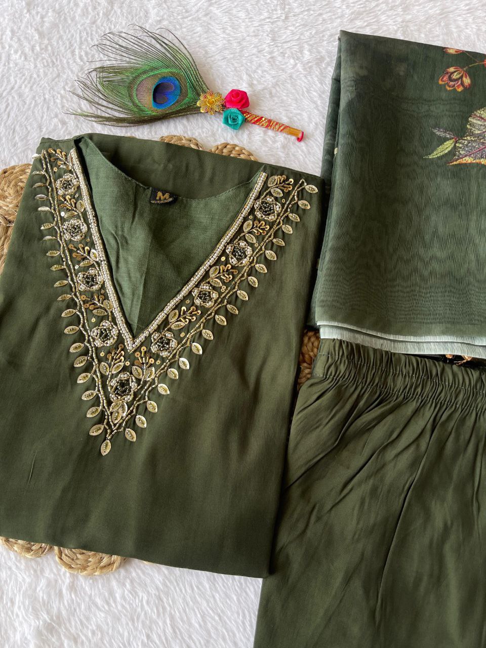 Luminous Mehendi Roman Silk Handworked Kurta Pant Dupatta Set - Ethnicwish