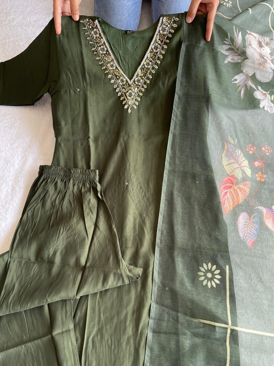 Luminous Mehendi Roman Silk Handworked Kurta Pant Dupatta Set - Ethnicwish