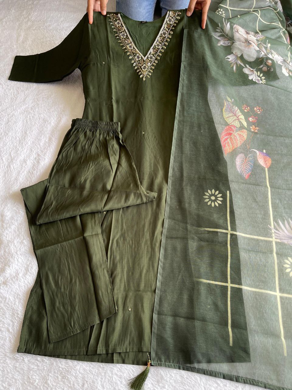 Luminous Mehendi Roman Silk Handworked Kurta Pant Dupatta Set - Ethnicwish