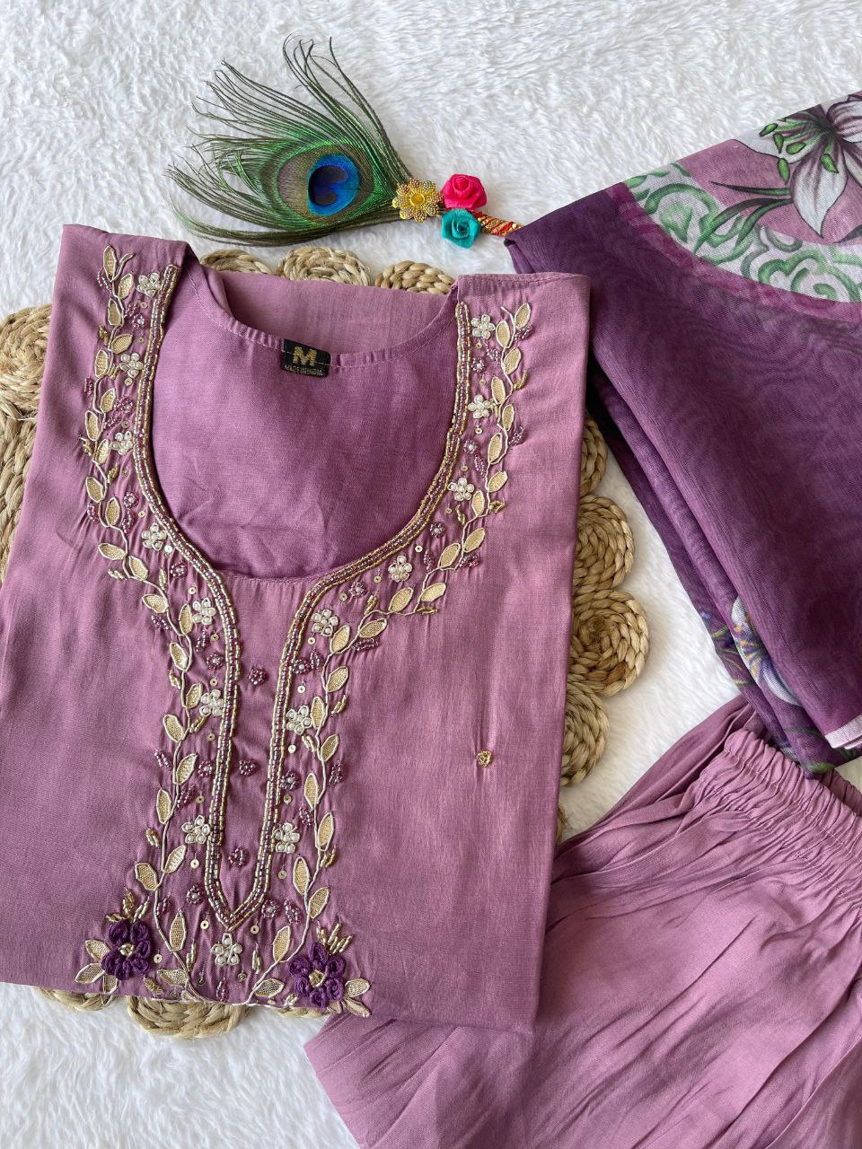 Alluring Light Wine Roman Silk Handworked Kurta Pant Dupatta Set - Ethnicwish