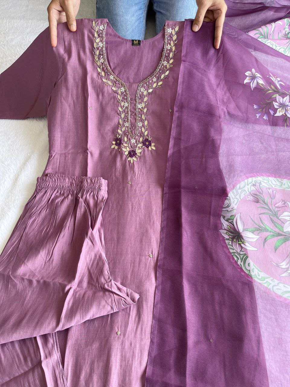 Alluring Light Wine Roman Silk Handworked Kurta Pant Dupatta Set - Ethnicwish