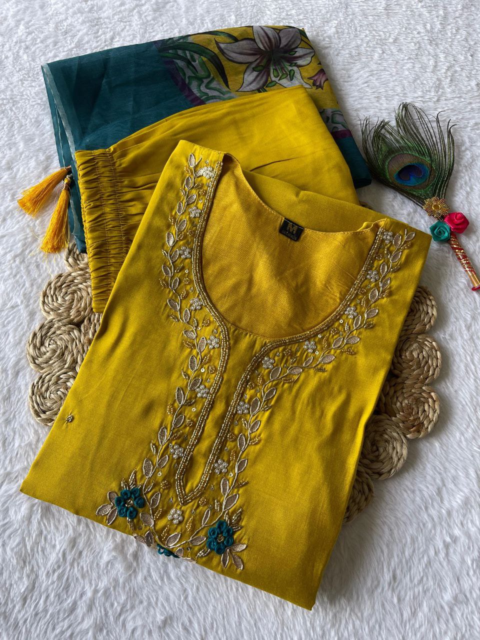 Resplendent Lemon Yellow Roman Silk Handworked Kurta Pant Dupatta Set - Ethnicwish