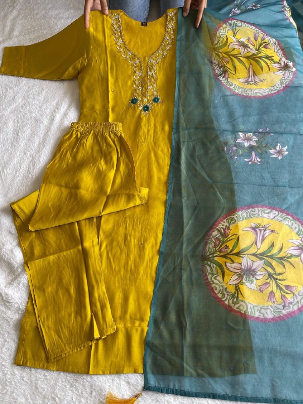 Resplendent Lemon Yellow Roman Silk Handworked Kurta Pant Dupatta Set - Ethnicwish