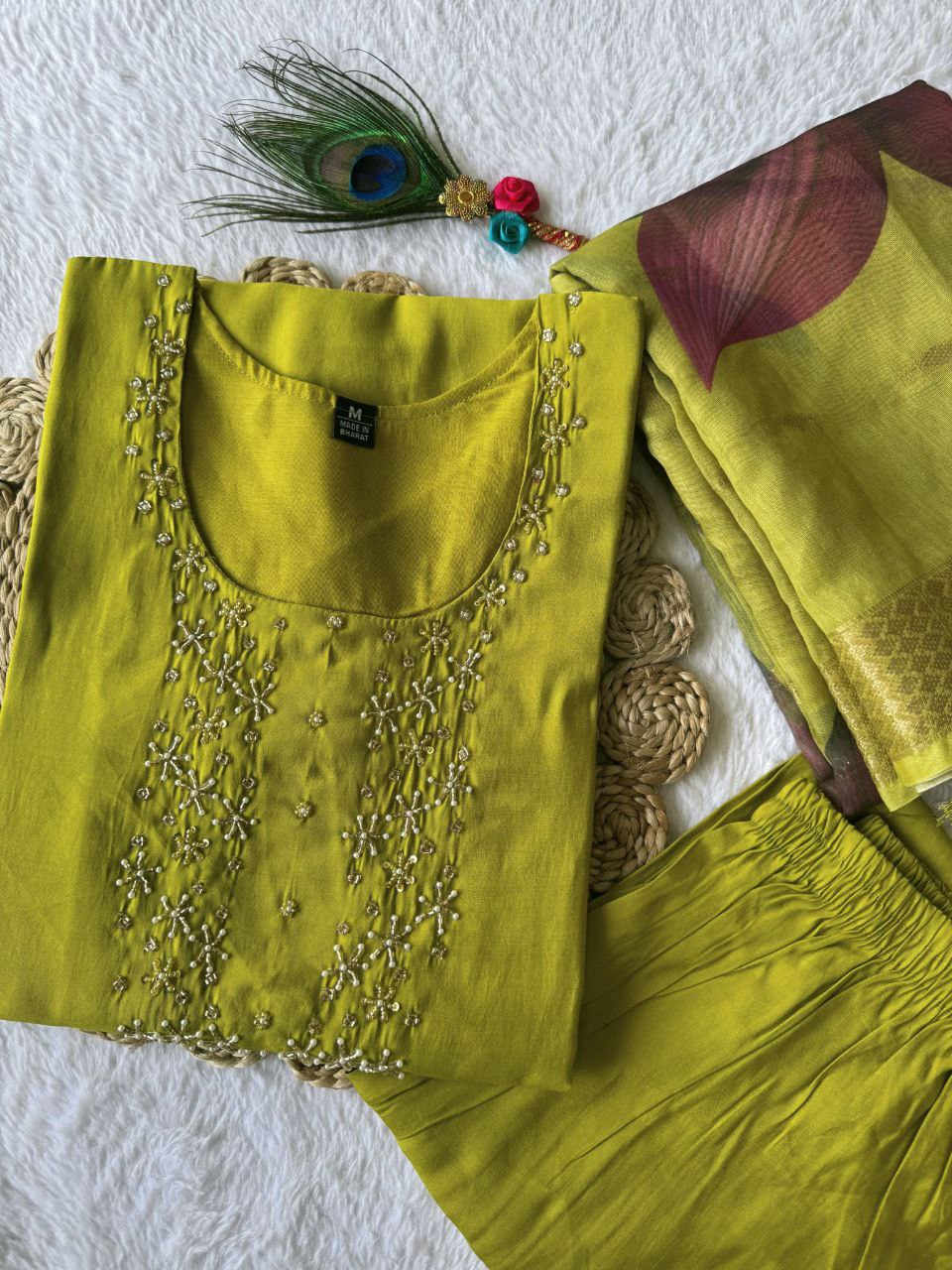 Graceful Parrot Roman Silk Handworked Kurta Pant Dupatta Set - Ethnicwish