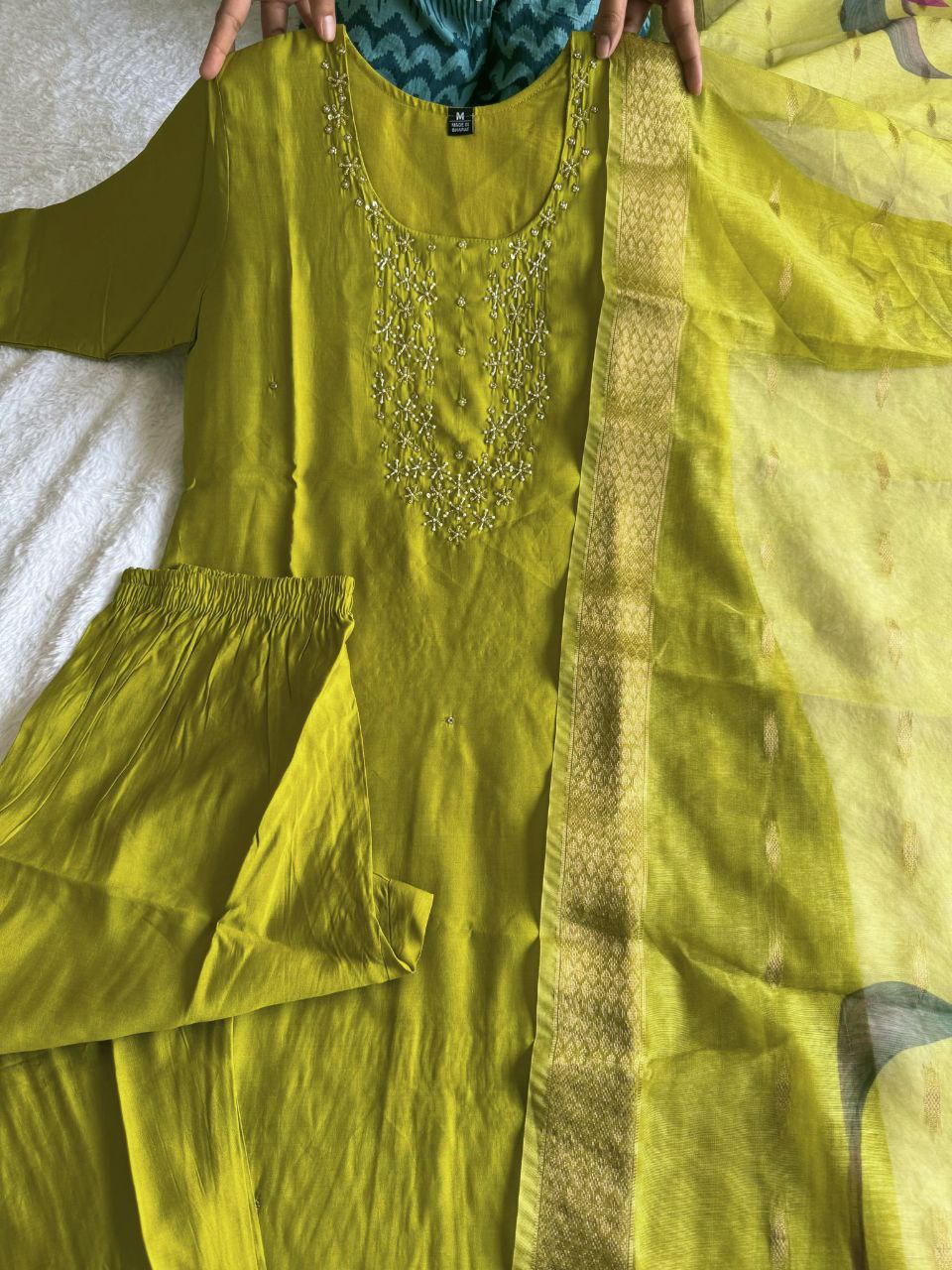 Graceful Parrot Roman Silk Handworked Kurta Pant Dupatta Set - Ethnicwish