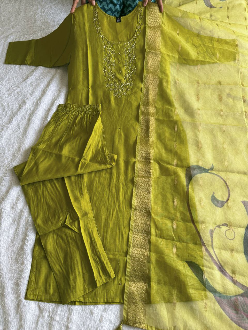 Graceful Parrot Roman Silk Handworked Kurta Pant Dupatta Set - Ethnicwish