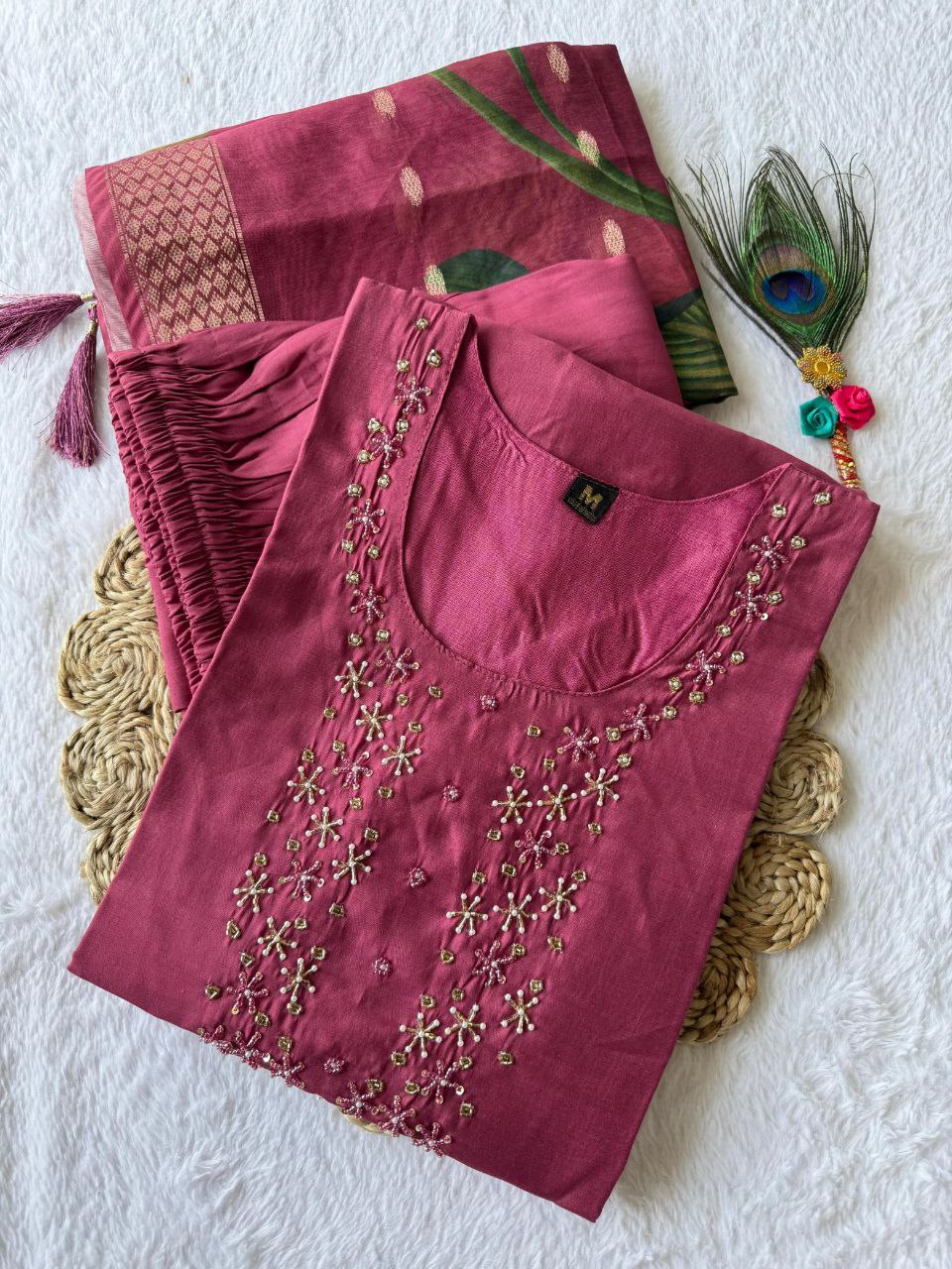 Breathtaking Rough Roman Silk Handworked Kurta Pant Dupatta Set - Ethnicwish