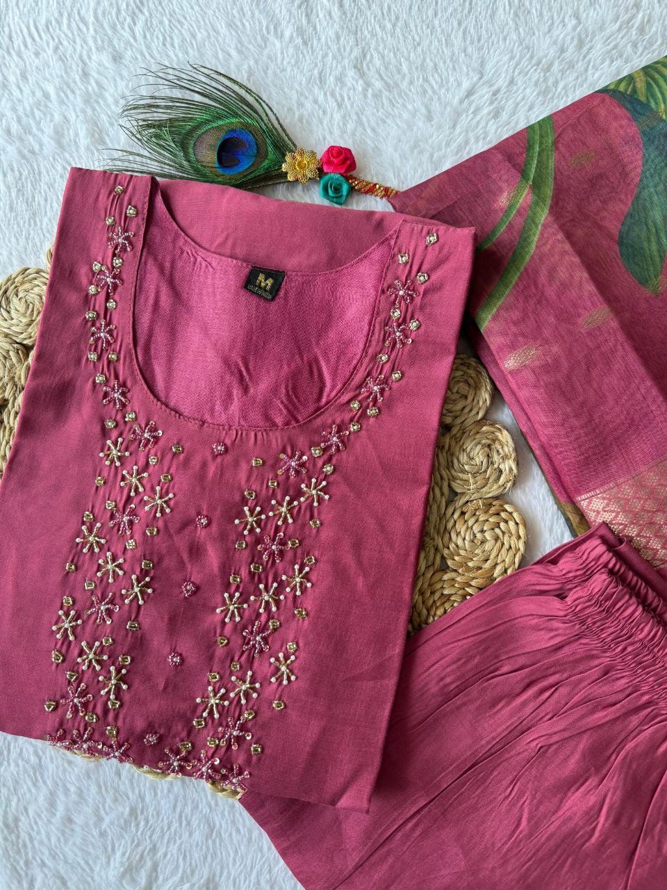 Breathtaking Rough Roman Silk Handworked Kurta Pant Dupatta Set - Ethnicwish
