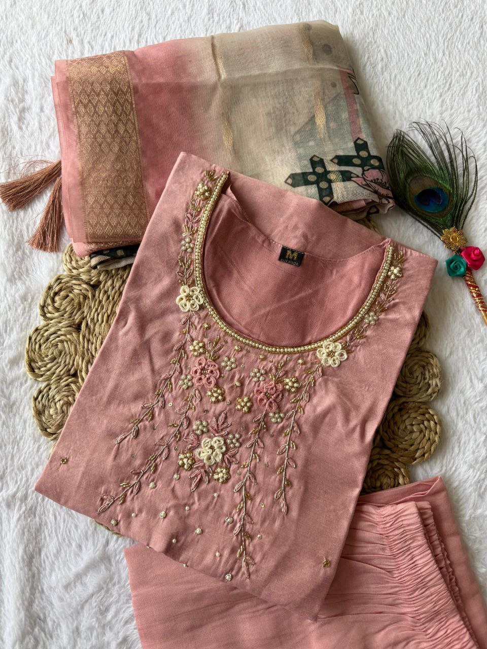 Magnificent Peach Roman Silk Handworked Kurta Pant Dupatta Set - Ethnicwish