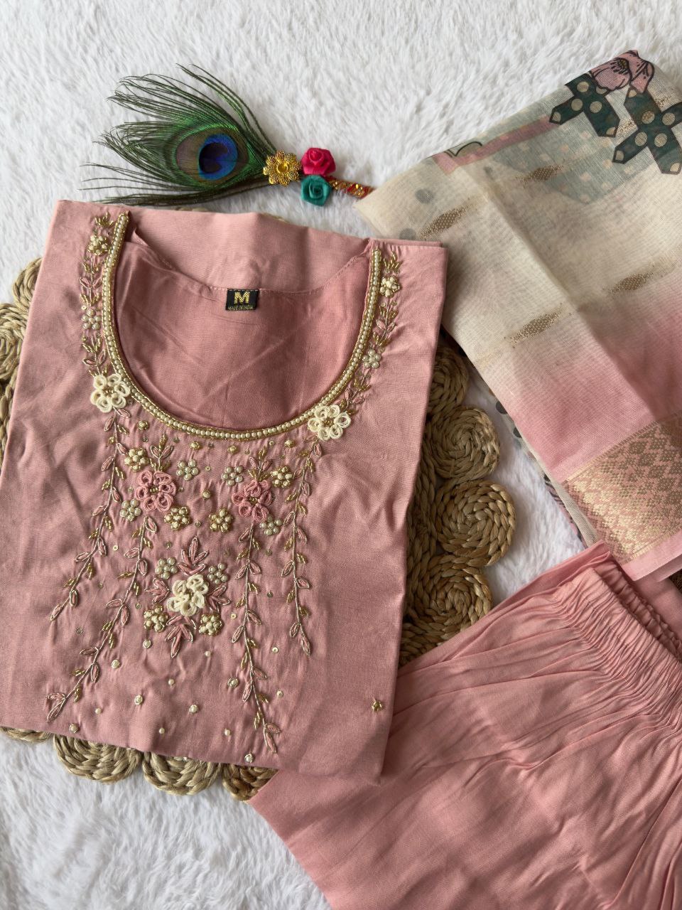 Magnificent Peach Roman Silk Handworked Kurta Pant Dupatta Set - Ethnicwish