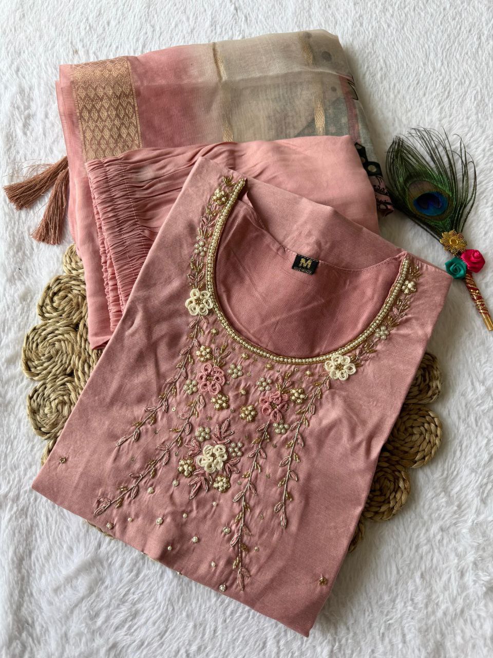 Magnificent Peach Roman Silk Handworked Kurta Pant Dupatta Set - Ethnicwish