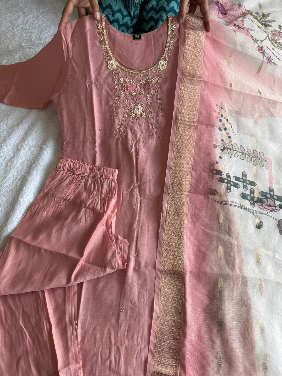 Magnificent Peach Roman Silk Handworked Kurta Pant Dupatta Set - Ethnicwish