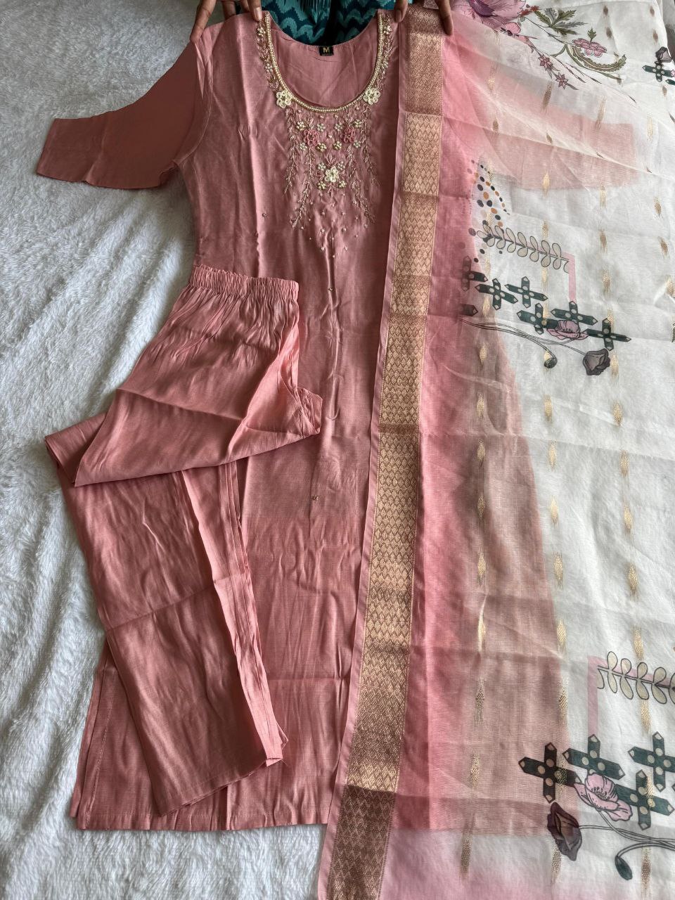 Magnificent Peach Roman Silk Handworked Kurta Pant Dupatta Set - Ethnicwish