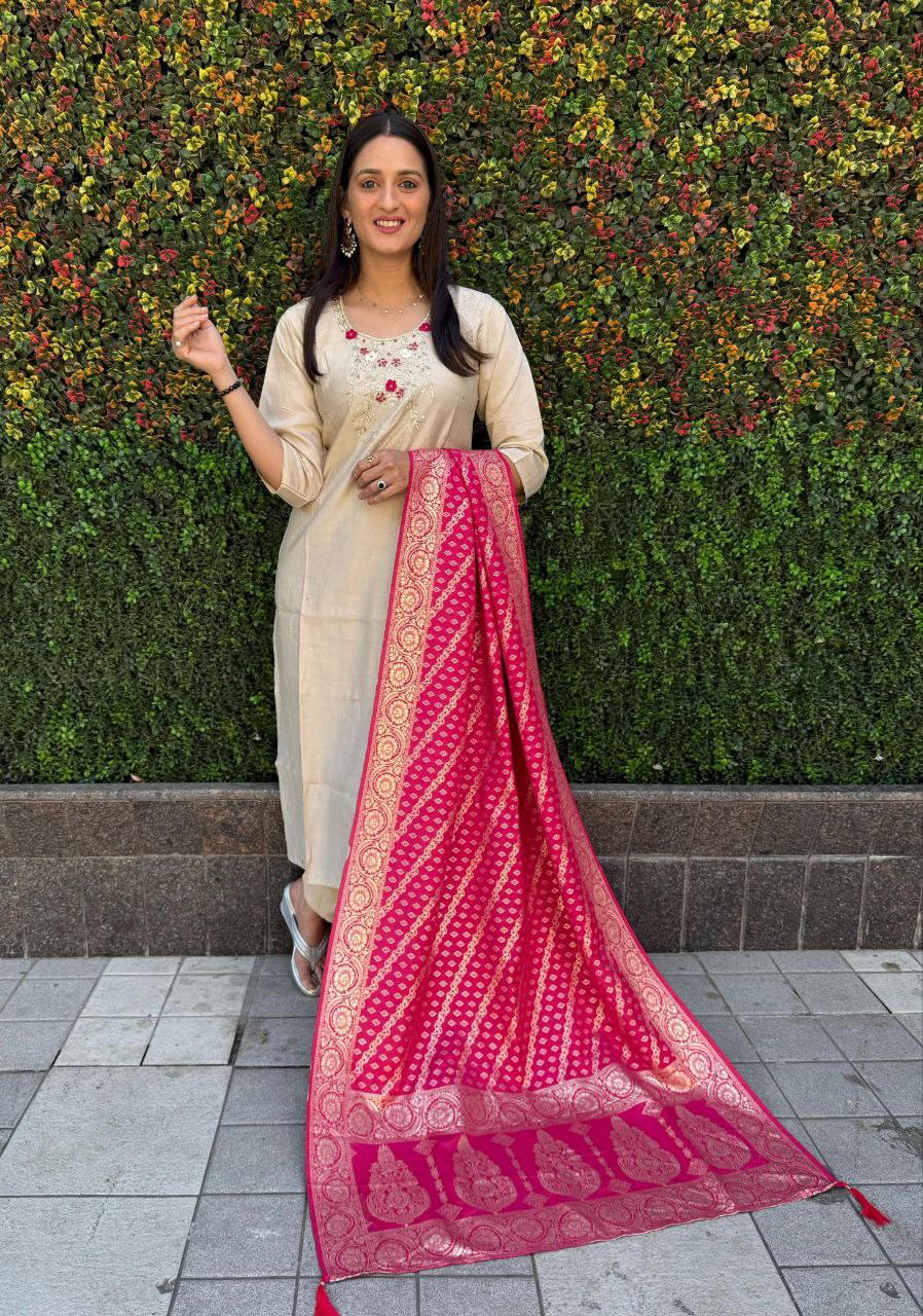 Lovely Cream Roman Silk Handworked Kurta Pant Dupatta Set - Ethnicwish