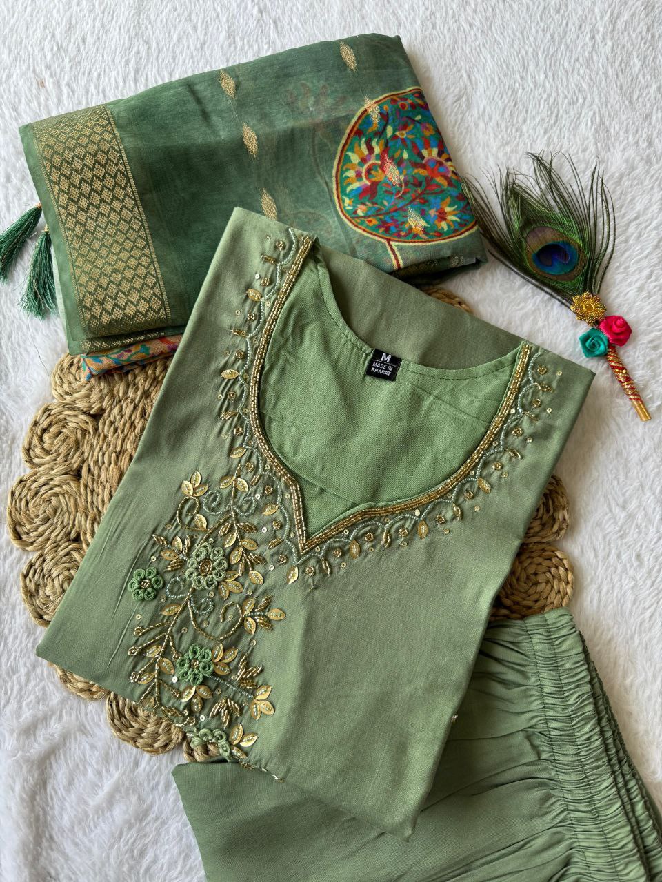 Elegant Pista Roman Silk Handworked Kurta Pant Dupatta Set - Ethnicwish
