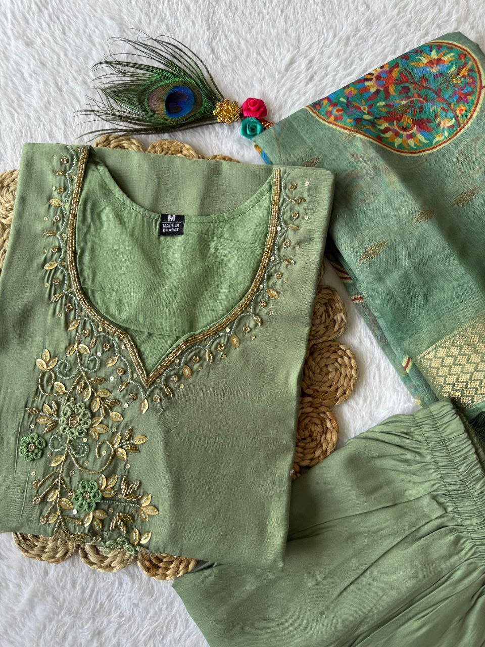 Elegant Pista Roman Silk Handworked Kurta Pant Dupatta Set - Ethnicwish