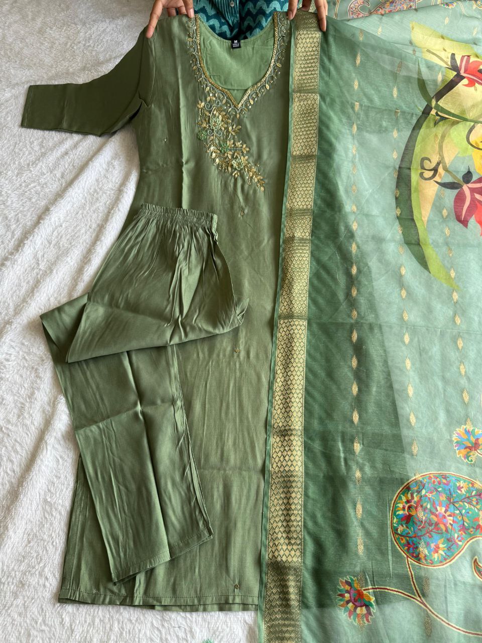 Elegant Pista Roman Silk Handworked Kurta Pant Dupatta Set - Ethnicwish