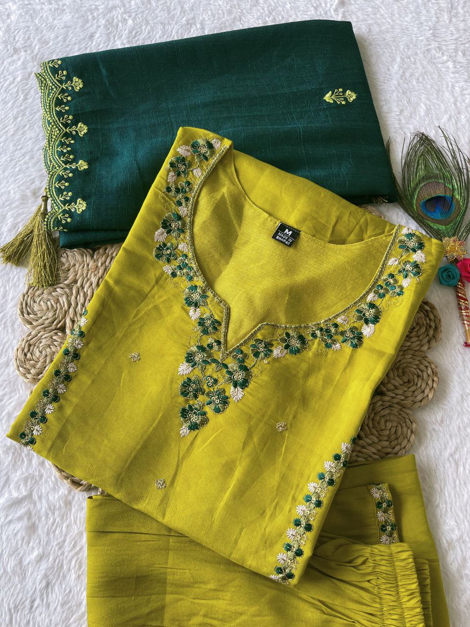 Sublime Parrot Green Roman Silk Handworked Kurta Pant Dupatta Set - Ethnicwish