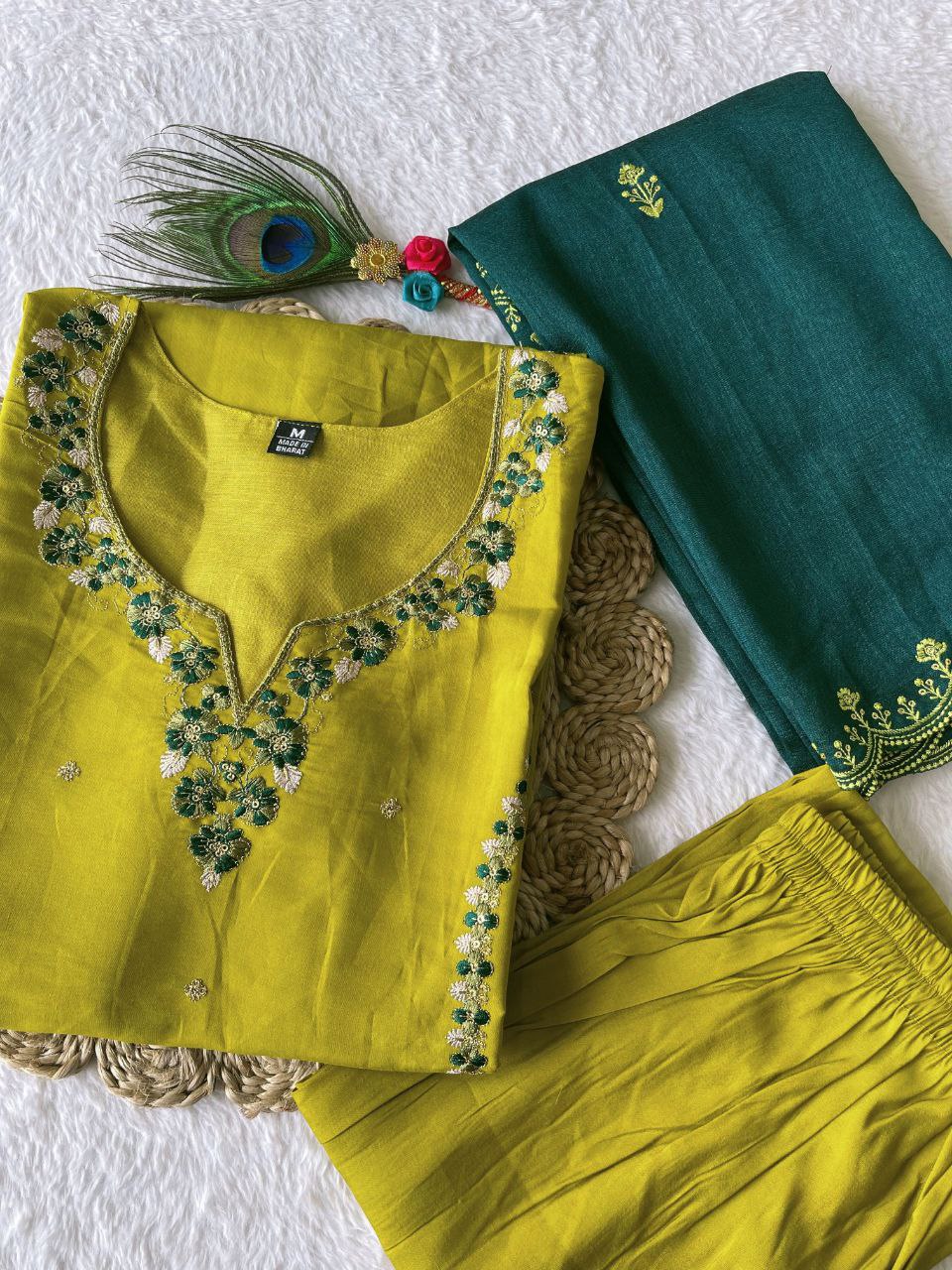 Sublime Parrot Green Roman Silk Handworked Kurta Pant Dupatta Set - Ethnicwish