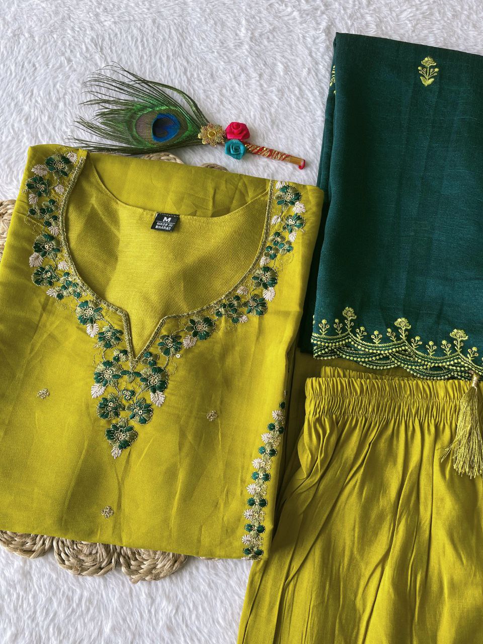 Sublime Parrot Green Roman Silk Handworked Kurta Pant Dupatta Set - Ethnicwish