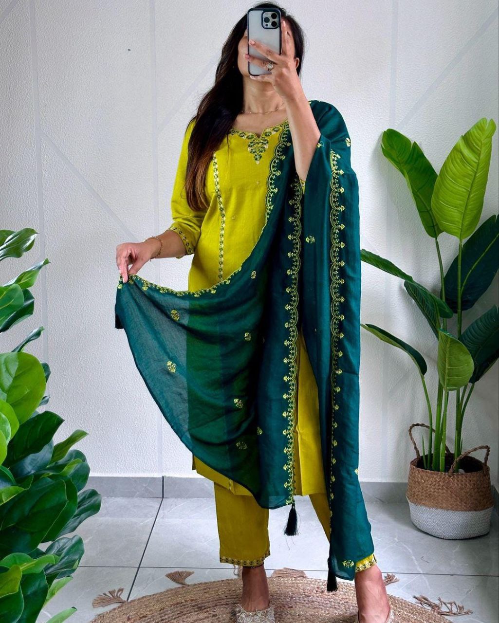 Sublime Parrot Green Roman Silk Handworked Kurta Pant Dupatta Set - Ethnicwish