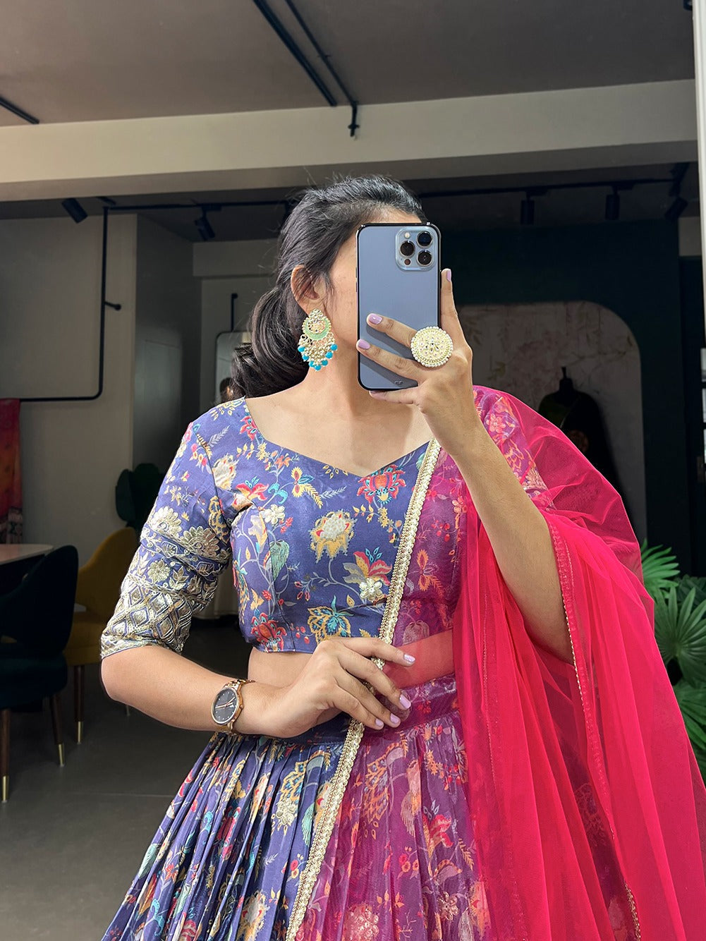 Refined Chinon Digital Printed Sequins Embroidered Lehenga Choli - Ethnicwish